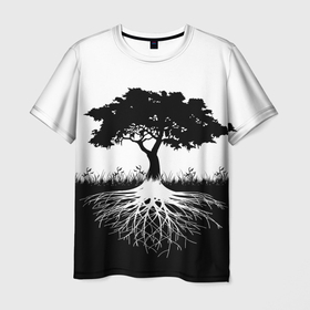 Мужская футболка 3D с принтом ДЕРЕВО ИНЬ-ЯНЬ в Санкт-Петербурге, 100% полиэфир | прямой крой, круглый вырез горловины, длина до линии бедер | Тематика изображения на принте: blackwhite | evil | tree | дерево | добро | зло | инь янь | корни | лес | листья | природа | саванна | узор | черно белое