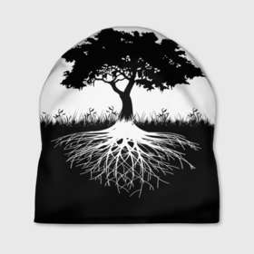 Шапка 3D с принтом ДЕРЕВО ИНЬ-ЯНЬ в Белгороде, 100% полиэстер | универсальный размер, печать по всей поверхности изделия | blackwhite | evil | tree | дерево | добро | зло | инь янь | корни | лес | листья | природа | саванна | узор | черно белое