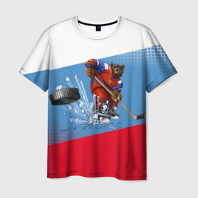 Мужская футболка 3D с принтом Русский хоккей , 100% полиэфир | прямой крой, круглый вырез горловины, длина до линии бедер | art | bear | flag | hockey | puck | russia | sport | stick | symbols | арт | клюшка | медведь | россия | символика | спорт | флаг | хоккей | шайба