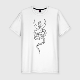 Мужская футболка хлопок Slim с принтом Лунная змея , 92% хлопок, 8% лайкра | приталенный силуэт, круглый вырез ворота, длина до линии бедра, короткий рукав | line art | tatoo art | witch | witchcraft | witchtok | ведьмин знак | витчток | змея | лайн арт | луна | тату рисунок | язычество