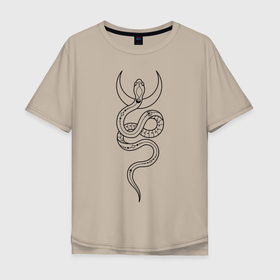 Мужская футболка хлопок Oversize с принтом Лунная змея в Петрозаводске, 100% хлопок | свободный крой, круглый ворот, “спинка” длиннее передней части | line art | tatoo art | witch | witchcraft | witchtok | ведьмин знак | витчток | змея | лайн арт | луна | тату рисунок | язычество