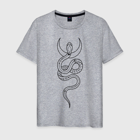 Мужская футболка хлопок с принтом Лунная змея в Курске, 100% хлопок | прямой крой, круглый вырез горловины, длина до линии бедер, слегка спущенное плечо. | line art | tatoo art | witch | witchcraft | witchtok | ведьмин знак | витчток | змея | лайн арт | луна | тату рисунок | язычество