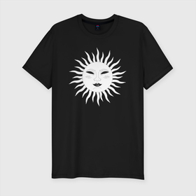 Мужская футболка хлопок Slim с принтом Солнце таро в Новосибирске, 92% хлопок, 8% лайкра | приталенный силуэт, круглый вырез ворота, длина до линии бедра, короткий рукав | астрология | звезда | карма | карта | космос | луна | магия | марс | меркурий | мистика | оккультный глаз | планеты | расклад мистическое существо | руны | солнце | таро | череп