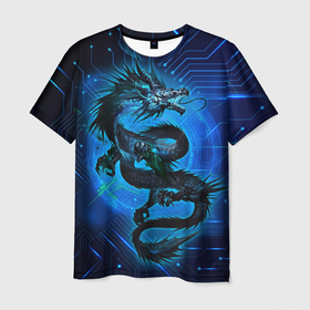 Мужская футболка 3D с принтом Кибер-Dragon в Тюмени, 100% полиэфир | прямой крой, круглый вырез горловины, длина до линии бедер | dragon | дракон | микросхемы | программа