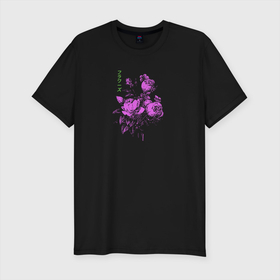 Мужская футболка хлопок Slim с принтом Purple flowers в Петрозаводске, 92% хлопок, 8% лайкра | приталенный силуэт, круглый вырез ворота, длина до линии бедра, короткий рукав | flowers | иероглифы | надпись на японском | природа | растение | роза | цветочки | цветы