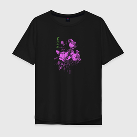 Мужская футболка хлопок Oversize с принтом Purple flowers в Новосибирске, 100% хлопок | свободный крой, круглый ворот, “спинка” длиннее передней части | Тематика изображения на принте: flowers | иероглифы | надпись на японском | природа | растение | роза | цветочки | цветы