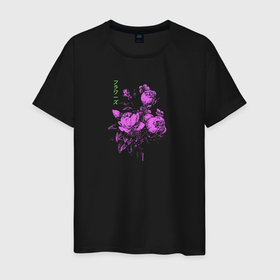 Мужская футболка хлопок с принтом Purple flowers в Курске, 100% хлопок | прямой крой, круглый вырез горловины, длина до линии бедер, слегка спущенное плечо. | flowers | иероглифы | надпись на японском | природа | растение | роза | цветочки | цветы