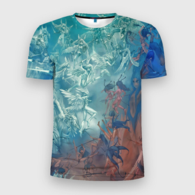 Мужская футболка 3D Slim с принтом Ангелы и Демоны в Новосибирске, 100% полиэстер с улучшенными характеристиками | приталенный силуэт, круглая горловина, широкие плечи, сужается к линии бедра | ангелы | война | демоны | рай и ад | сражение