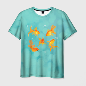 Мужская футболка 3D с принтом Золотые рыбки , 100% полиэфир | прямой крой, круглый вырез горловины, длина до линии бедер | fish | желание | золотая | золотая рыбка | золотые | море | на голубом | океан | рыба | рыбка | рыбки
