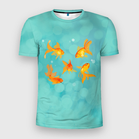 Мужская футболка 3D Slim с принтом Золотые рыбки , 100% полиэстер с улучшенными характеристиками | приталенный силуэт, круглая горловина, широкие плечи, сужается к линии бедра | fish | желание | золотая | золотая рыбка | золотые | море | на голубом | океан | рыба | рыбка | рыбки