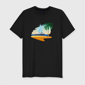 Мужская футболка хлопок Slim с принтом Корабль и пальма в Белгороде, 92% хлопок, 8% лайкра | приталенный силуэт, круглый вырез ворота, длина до линии бедра, короткий рукав | palm | sailboat | кораблик | корабль | лодка | пальма | парус | парусная лодка