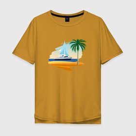 Мужская футболка хлопок Oversize с принтом Корабль и пальма в Екатеринбурге, 100% хлопок | свободный крой, круглый ворот, “спинка” длиннее передней части | palm | sailboat | кораблик | корабль | лодка | пальма | парус | парусная лодка