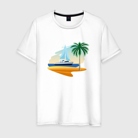 Мужская футболка хлопок с принтом Корабль и пальма в Курске, 100% хлопок | прямой крой, круглый вырез горловины, длина до линии бедер, слегка спущенное плечо. | palm | sailboat | кораблик | корабль | лодка | пальма | парус | парусная лодка