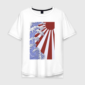 Мужская футболка хлопок Oversize с принтом Волна и солнце в Канагаве в Екатеринбурге, 100% хлопок | свободный крой, круглый ворот, “спинка” длиннее передней части | Тематика изображения на принте: japan | japanese style | ninja | samurai | shinobi | the great wave off kanagawa | большая волна в канагаве | иероглифы | канагава | киото | осака | самурай | токио | японист | япония | японский стиль | японский флаг | японское солнце