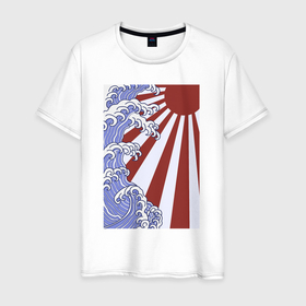 Мужская футболка хлопок с принтом Волна и солнце в Канагаве в Новосибирске, 100% хлопок | прямой крой, круглый вырез горловины, длина до линии бедер, слегка спущенное плечо. | japan | japanese style | ninja | samurai | shinobi | the great wave off kanagawa | большая волна в канагаве | иероглифы | канагава | киото | осака | самурай | токио | японист | япония | японский стиль | японский флаг | японское солнце