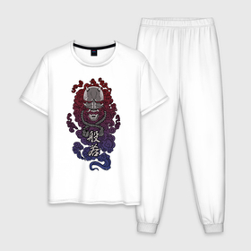 Мужская пижама хлопок с принтом Дух Хання в Санкт-Петербурге, 100% хлопок | брюки и футболка прямого кроя, без карманов, на брюках мягкая резинка на поясе и по низу штанин
 | Тематика изображения на принте: anbu | japan | japanese style | ninja | samurai | shinobi | анбу | демон | канагава | киберпанк | киото | кицуне | кицунэ | маска самурая | ниндзя | они | осака | самурай | сёгун | синоби | тенгу | тэнгу | хання | ханья | шиноби