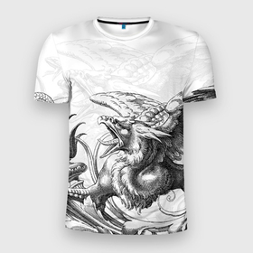 Мужская футболка 3D Slim с принтом Грифон в Петрозаводске, 100% полиэстер с улучшенными характеристиками | приталенный силуэт, круглая горловина, широкие плечи, сужается к линии бедра | monster | грифон | древний | животные | зверь | крылья | мифическое существо | монстр | птица | хищник