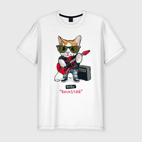 Мужская футболка хлопок Slim с принтом КРУТОЙ КОТ ГИТАРИСТ в Екатеринбурге, 92% хлопок, 8% лайкра | приталенный силуэт, круглый вырез ворота, длина до линии бедра, короткий рукав | Тематика изображения на принте: and | cat | cats | cute | funny | guitar | heavy | kitten | kitty | meow | metal | music | n | pet | playing | rock | roll | star | гитара | гитарист | кот | котик | коты | кошка | кошки | крутой | музыка | рок