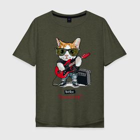 Мужская футболка хлопок Oversize с принтом КРУТОЙ КОТ ГИТАРИСТ в Екатеринбурге, 100% хлопок | свободный крой, круглый ворот, “спинка” длиннее передней части | Тематика изображения на принте: and | cat | cats | cute | funny | guitar | heavy | kitten | kitty | meow | metal | music | n | pet | playing | rock | roll | star | гитара | гитарист | кот | котик | коты | кошка | кошки | крутой | музыка | рок