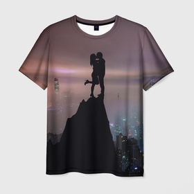 Мужская футболка 3D с принтом Влюбленные на фоне города в Екатеринбурге, 100% полиэфир | прямой крой, круглый вырез горловины, длина до линии бедер | влюбленные | город | двое | любовь | ночь | объятия | пара