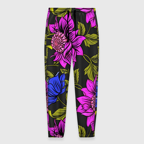 Мужские брюки 3D с принтом Цветочный Паттерн в Белгороде, 100% полиэстер | манжеты по низу, эластичный пояс регулируется шнурком, по бокам два кармана без застежек, внутренняя часть кармана из мелкой сетки | Тематика изображения на принте: blue | flower | flowers | green | nature | pattern | purple | spring | summer | весна | ветви | ветки | заросли | зеленый | лаза | лето | листва | листья | орнамент | паттерн | природа | синий | узор | фауна | фиолетовый | флора | цветок