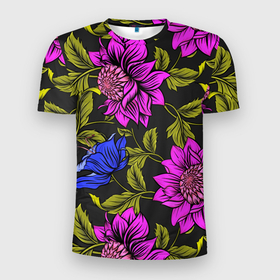 Мужская футболка 3D Slim с принтом Цветочный Паттерн в Новосибирске, 100% полиэстер с улучшенными характеристиками | приталенный силуэт, круглая горловина, широкие плечи, сужается к линии бедра | blue | flower | flowers | green | nature | pattern | purple | spring | summer | весна | ветви | ветки | заросли | зеленый | лаза | лето | листва | листья | орнамент | паттерн | природа | синий | узор | фауна | фиолетовый | флора | цветок