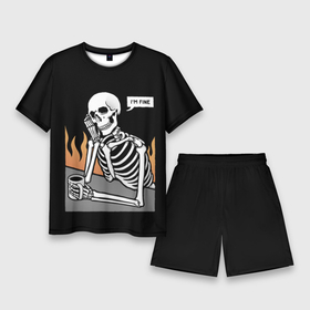Мужской костюм с шортами 3D с принтом Я В Порядке ,  |  | bones | fine | fire | flame | im | skeleton | skull | апатия | в | депрессия | кости | кружка | настроение | огонь | пламя | пожар | порядке | прострация | скелет | череп | эмоции | я