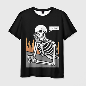 Мужская футболка 3D с принтом Я В Порядке в Новосибирске, 100% полиэфир | прямой крой, круглый вырез горловины, длина до линии бедер | bones | fine | fire | flame | im | skeleton | skull | апатия | в | депрессия | кости | кружка | настроение | огонь | пламя | пожар | порядке | прострация | скелет | череп | эмоции | я
