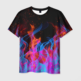 Мужская футболка 3D с принтом ТРИ ОГНЯ FIRE СИНИЙ ОГОНЬ , 100% полиэфир | прямой крой, круглый вырез горловины, длина до линии бедер | fire | взрыв. | горит | огонь | пламя | пожар | розовый огонь | синий огонь | три огня