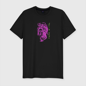 Мужская футболка хлопок Slim с принтом Медуза Горгона , 92% хлопок, 8% лайкра | приталенный силуэт, круглый вырез ворота, длина до линии бедра, короткий рукав | бог | девушка | женщина | змея | иероглифы | медуза горгона | мифическое существо | монстр | надпись на японском