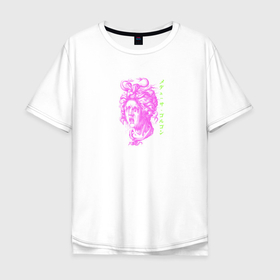 Мужская футболка хлопок Oversize с принтом Медуза Горгона в Курске, 100% хлопок | свободный крой, круглый ворот, “спинка” длиннее передней части | бог | девушка | женщина | змея | иероглифы | медуза горгона | мифическое существо | монстр | надпись на японском