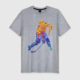 Мужская футболка хлопок Slim с принтом Хоккеист в Новосибирске, 92% хлопок, 8% лайкра | приталенный силуэт, круглый вырез ворота, длина до линии бедра, короткий рукав | art | hockey | hockey stick | player | skates | sport | арт | игрок | клюшка | коньки | спорт | хоккеист | хоккей