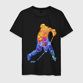 Мужская футболка хлопок с принтом Хоккеист в Санкт-Петербурге, 100% хлопок | прямой крой, круглый вырез горловины, длина до линии бедер, слегка спущенное плечо. | art | hockey | hockey stick | player | skates | sport | арт | игрок | клюшка | коньки | спорт | хоккеист | хоккей