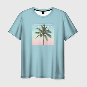 Мужская футболка 3D с принтом Летние ощущения в Тюмени, 100% полиэфир | прямой крой, круглый вырез горловины, длина до линии бедер | голубая | лето | пальма | пляж | тропики
