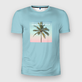Мужская футболка 3D спортивная с принтом Летние ощущения , 100% полиэстер с улучшенными характеристиками | приталенный силуэт, круглая горловина, широкие плечи, сужается к линии бедра | Тематика изображения на принте: голубая | лето | пальма | пляж | тропики