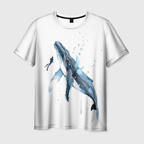 Мужская футболка 3D с принтом кит в Санкт-Петербурге, 100% полиэфир | прямой крой, круглый вырез горловины, длина до линии бедер | Тематика изображения на принте: ocean | sea | sea animal | whale | акварель | кит | море | океан | рисунок кита