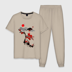 Мужская пижама хлопок с принтом Рисунок Сакура в Новосибирске, 100% хлопок | брюки и футболка прямого кроя, без карманов, на брюках мягкая резинка на поясе и по низу штанин
 | Тематика изображения на принте: горы | красный | пейзаж | рисунок | цветы | япония | японский стиль