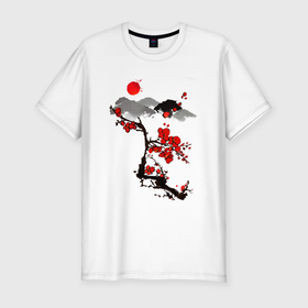 Мужская футболка хлопок Slim с принтом Рисунок Сакура в Новосибирске, 92% хлопок, 8% лайкра | приталенный силуэт, круглый вырез ворота, длина до линии бедра, короткий рукав | горы | красный | пейзаж | рисунок | цветы | япония | японский стиль
