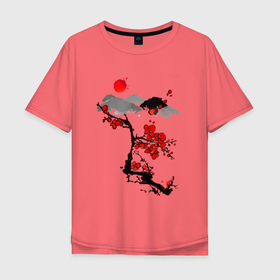 Мужская футболка хлопок Oversize с принтом Рисунок Сакура в Курске, 100% хлопок | свободный крой, круглый ворот, “спинка” длиннее передней части | горы | красный | пейзаж | рисунок | цветы | япония | японский стиль