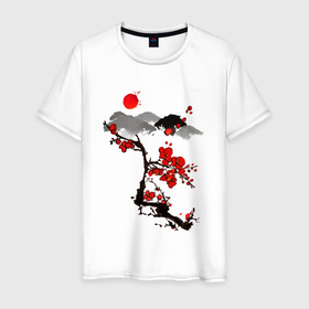 Мужская футболка хлопок с принтом Рисунок Сакура в Белгороде, 100% хлопок | прямой крой, круглый вырез горловины, длина до линии бедер, слегка спущенное плечо. | горы | красный | пейзаж | рисунок | цветы | япония | японский стиль
