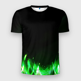 Мужская футболка 3D спортивная с принтом Зеленый огонь в Екатеринбурге, 100% полиэстер с улучшенными характеристиками | приталенный силуэт, круглая горловина, широкие плечи, сужается к линии бедра | 3d | 3д | sport | абстракция | линии | паттерн | соты | спортивный стиль | текстуры