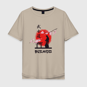 Мужская футболка хлопок Oversize с принтом Самурай и сакура в Тюмени, 100% хлопок | свободный крой, круглый ворот, “спинка” длиннее передней части | busido | japan | kamikadze | nippon | samurai | бусидо | воин | единоборства | камикадзе | ниппон | путь война | сакура | самурай | хагакурэ | япония