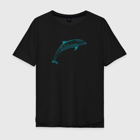 Мужская футболка хлопок Oversize с принтом Дельфин неоновый в Белгороде, 100% хлопок | свободный крой, круглый ворот, “спинка” длиннее передней части | dolphin | дельфин | морские | неон | неоновый | с дельфином | сетка