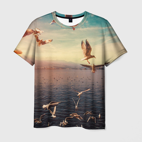 Мужская футболка 3D с принтом Чайки на воде в Кировске, 100% полиэфир | прямой крой, круглый вырез горловины, длина до линии бедер | вода | горы | закат | море | море чайки | на воде | озеро | птица | птицу чайку | птицы | суша | чайка | чайка 2 | чайка птица | чайка чайку | чайки | чайки на воде | чайков | чайку 2