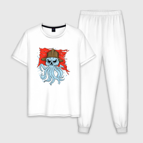 Мужская пижама хлопок с принтом Осьминог в каске в Екатеринбурге, 100% хлопок | брюки и футболка прямого кроя, без карманов, на брюках мягкая резинка на поясе и по низу штанин
 | Тематика изображения на принте: cute | octopus | pirat | в каске | кракен | осьминог | осьминожка | пират | скелет | череп | щупальца
