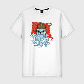 Мужская футболка хлопок Slim с принтом Осьминог в каске , 92% хлопок, 8% лайкра | приталенный силуэт, круглый вырез ворота, длина до линии бедра, короткий рукав | cute | octopus | pirat | в каске | кракен | осьминог | осьминожка | пират | скелет | череп | щупальца