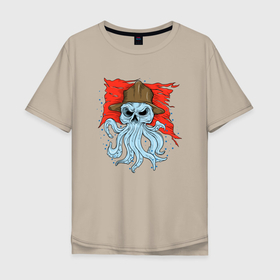 Мужская футболка хлопок Oversize с принтом Осьминог в каске в Белгороде, 100% хлопок | свободный крой, круглый ворот, “спинка” длиннее передней части | Тематика изображения на принте: cute | octopus | pirat | в каске | кракен | осьминог | осьминожка | пират | скелет | череп | щупальца