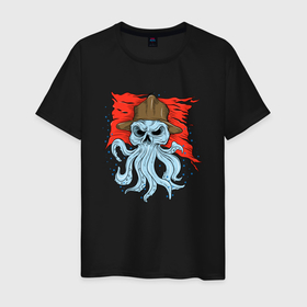 Мужская футболка хлопок с принтом Осьминог в каске в Тюмени, 100% хлопок | прямой крой, круглый вырез горловины, длина до линии бедер, слегка спущенное плечо. | Тематика изображения на принте: cute | octopus | pirat | в каске | кракен | осьминог | осьминожка | пират | скелет | череп | щупальца