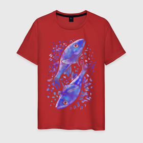 Мужская футболка хлопок с принтом СИНИЕ РЫБЫ в Санкт-Петербурге, 100% хлопок | прямой крой, круглый вырез горловины, длина до линии бедер, слегка спущенное плечо. | абстрактное | рыбы | рыбы по гороскопу. акварель | синие рыбы