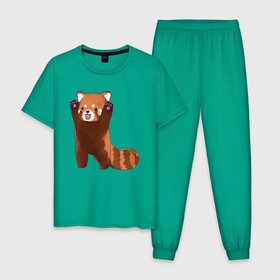 Мужская пижама хлопок с принтом Нападение милой панды в Екатеринбурге, 100% хлопок | брюки и футболка прямого кроя, без карманов, на брюках мягкая резинка на поясе и по низу штанин
 | арт | красная панда | красный медвежонок | медведь | медвежонок | панда | рисунок | рыжая панда